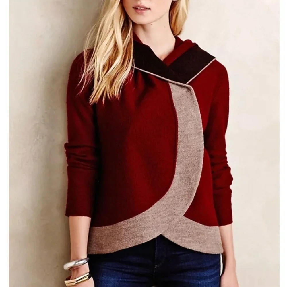 Anthropologie Colorblock‎ Wool Jacket XS Red Hooded Wrap Cardigan Coat